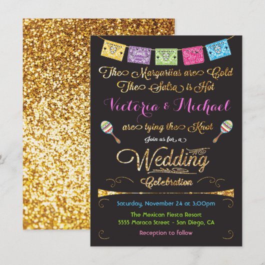 メキシカン ウェディング フィエスタ ゴールド グリッター 招待状 (正面/裏面)