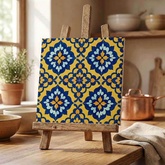 メキシカン・タラベラ スペインのAzulejo 青と黄色 タイル