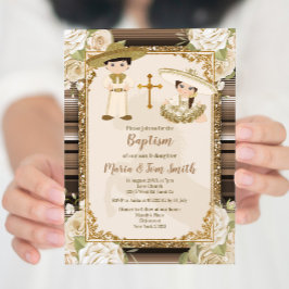 メキシカン バプテスマ フィエスタ フローラル ツイン 男の子と女の子 イン 招待状