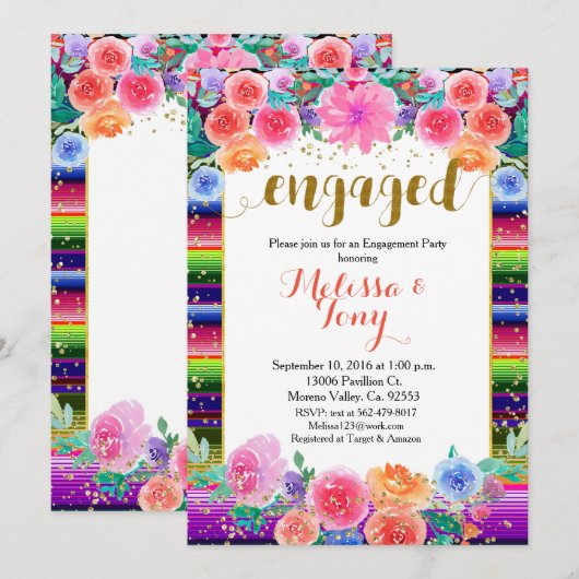 メキシカン フローラル ゴールド グリッター 婚約パーティー 招待状 (正面/裏面)