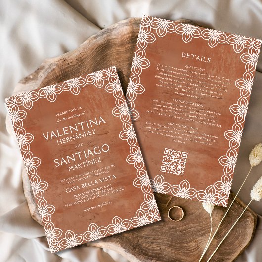 メキシカン ペペル ピカド テラコッタ ホワイト ボヘミア ウェディング 招待状