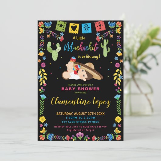 メキシコかわいい小さなムチャチト男の子の赤ちゃんシャワー 招待状 (スタンド正面)