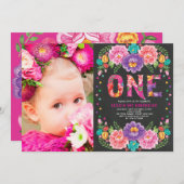 メキシコかわいらしのフィエスタ花1回目の誕生日写真 招待状 (正面/裏面)