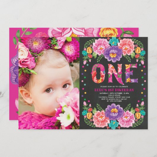 メキシコかわいらしのフィエスタ花1回目の誕生日写真 招待状 (正面/裏面)