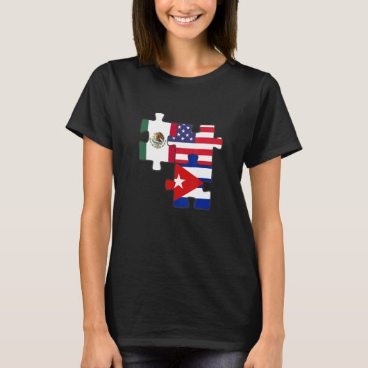メキシコとキューバのルーツプラス米国国旗 Tシャツ (正面)