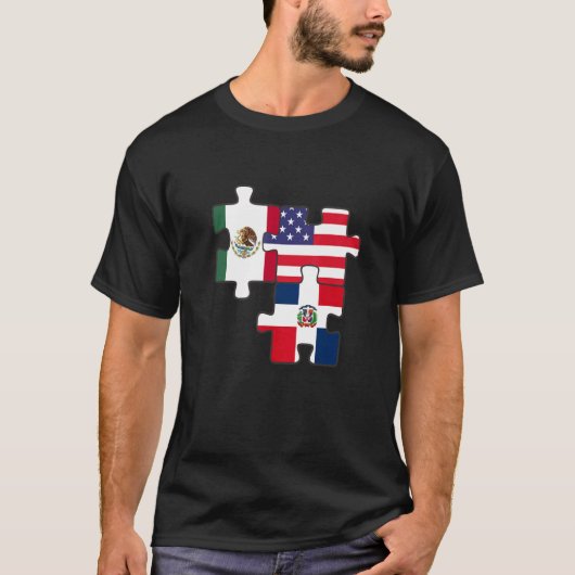 メキシコとドミニカ共和国のルーツと米国国旗 Tシャツ (正面)