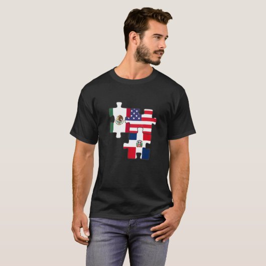 メキシコとドミニカ共和国のルーツと米国国旗 Tシャツ (正面フル)