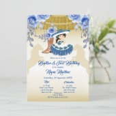 メキシコのかわいい女の子バプテスマと誕生日ブルーフラワー 招待状 (スタンド正面)