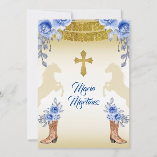 メキシコのかわいい女の子バプテスマと誕生日ブルーフラワー 招待状 (裏面)