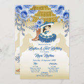 メキシコのかわいい女の子バプテスマと誕生日ブルーフラワー 招待状 (正面/裏面)