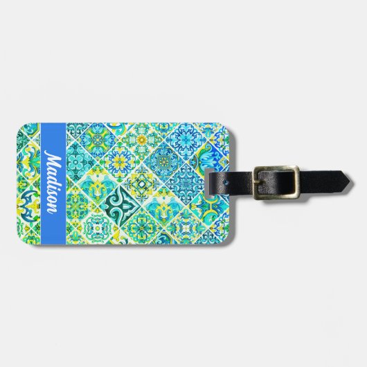 メキシコのアクアミントシチリア地中海のタイル ラゲッジタグ (正面横)