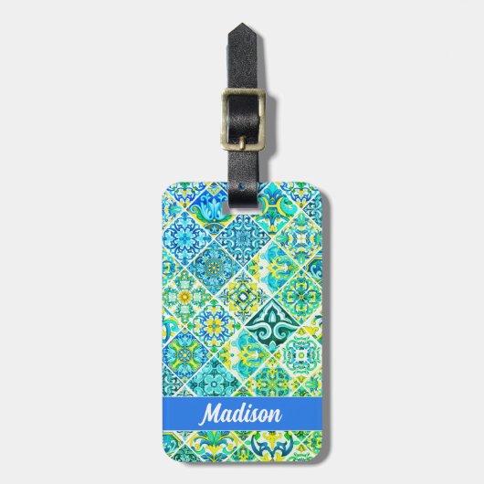メキシコのアクアミントシチリア地中海のタイル ラゲッジタグ (正面縦)