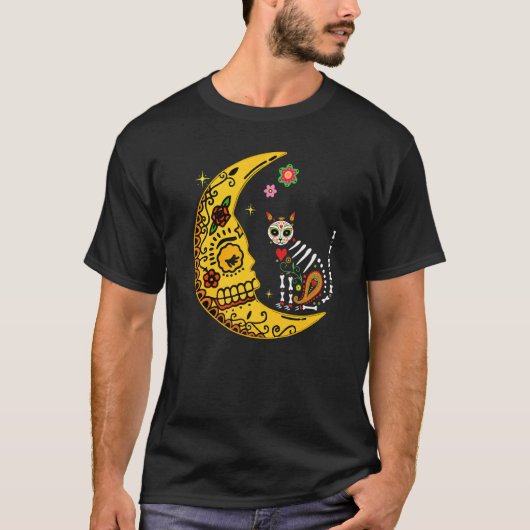 メキシコのカタカナ猫と月 死者の日ハル Tシャツ (正面)
