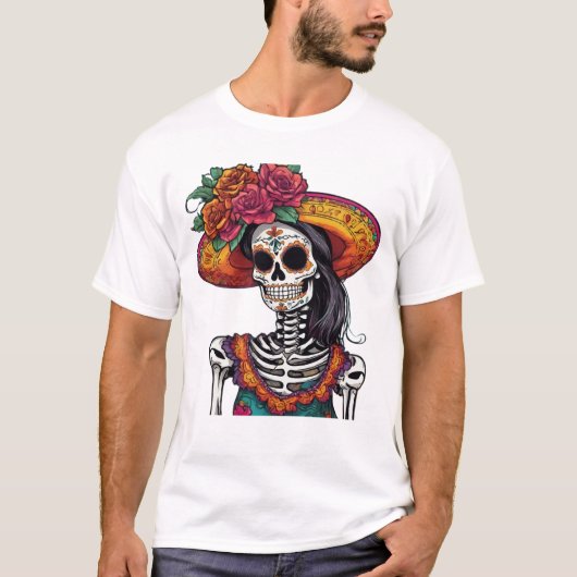 メキシコのカタリナ骨格アート Tシャツ (正面)
