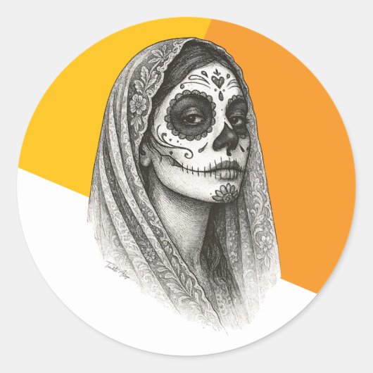 メキシコのカトリナとバラとVeil Dia de muertos ラウンドシール (正面)