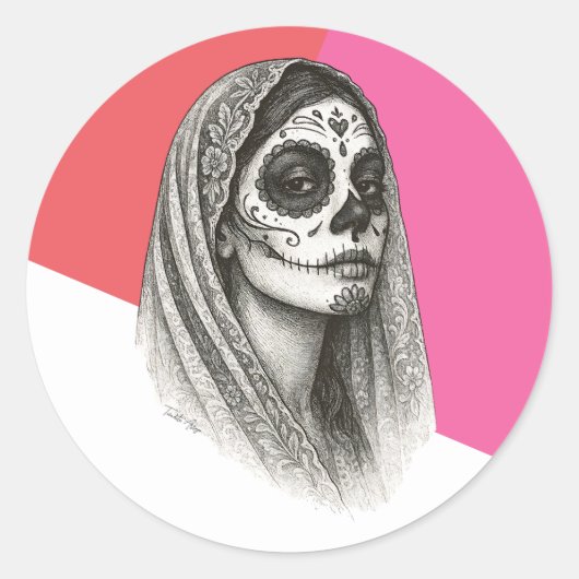 メキシコのカトリナとバラとVeil Dia de muertos ラウンドシール (正面)