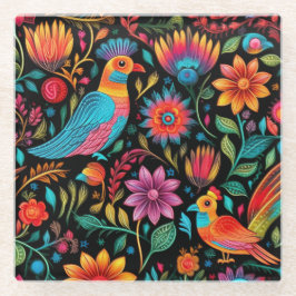 メキシコのカラフル花柄 ガラスコースター