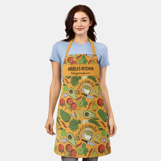 メキシコのグアカモールアブエラのキッチンカスタムシェフ エプロン (着用した状態)