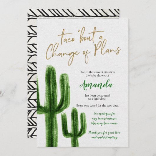 メキシコのサボテンが赤ちゃんシャワーを延期する発表 招待状 (正面/裏面)