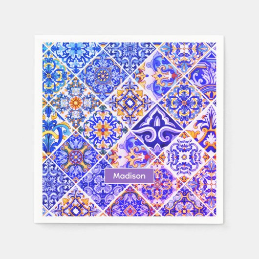 メキシコのシシ地中海のリアン紫の青瓦 スタンダードカクテルナプキン (正面)