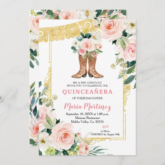 メキシコのシャロブーツピンクと金ゴールドキンセニェラ  招待状 (正面/裏面)