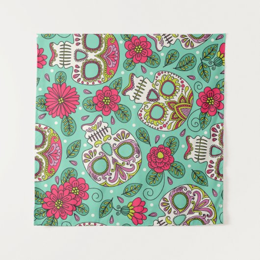 メキシコのスカルと花、シームレス。 タペストリー (正面(横))