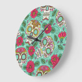 メキシコのスカルと花、シームレス。 ラージ壁時計 (傾斜)