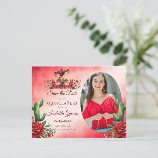 メキシコのスタイルキンセアニラ日付を保存 ポストカード (スタンド正面)