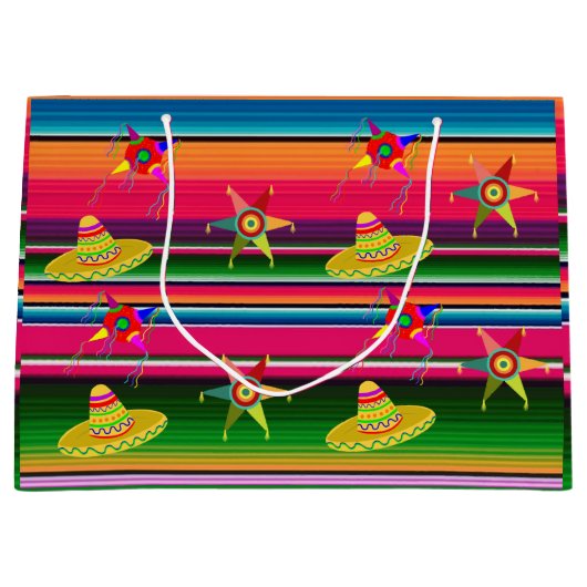 メキシコのセラピ毛布ストライプのクリスマスメキシコ ラージペーパーバッグ (正面)