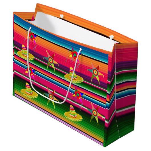 メキシコのセラピ毛布ストライプのクリスマスメキシコ ラージペーパーバッグ (正面アングル)