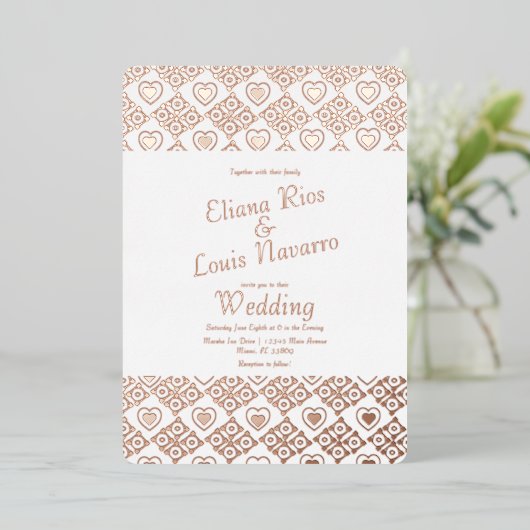 メキシコのタイルハートタラベラ結婚金ゴールドのプレス 箔招待状 (立ち正面)