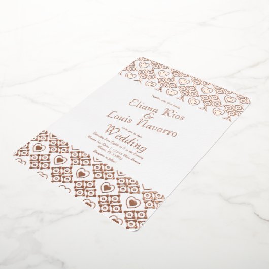 メキシコのタイルハートタラベラ結婚金ゴールドのプレス 箔招待状 (回転した状態)