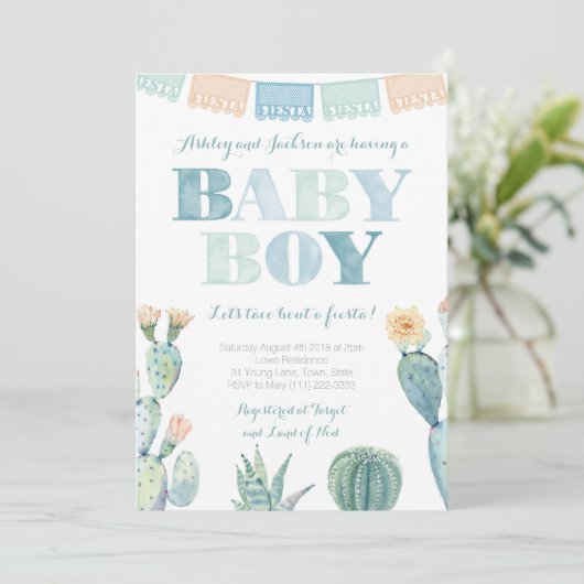 メキシコのタコスが男の子のためのフェスタの赤ちゃんシャワーを浴びる 招待状 (スタンド正面)