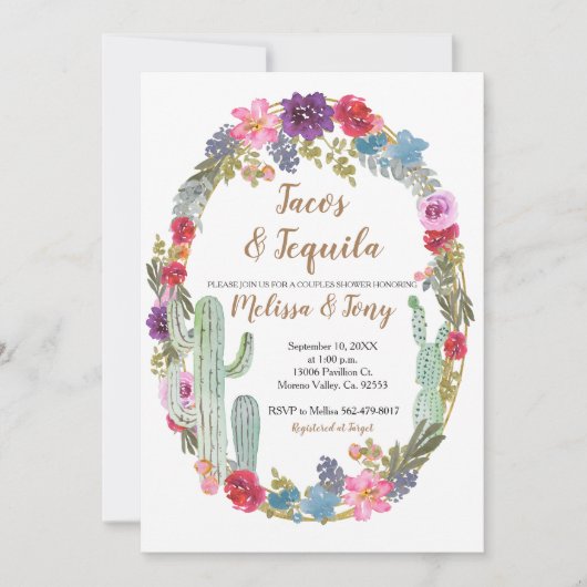 メキシコのタコスとテキーラ·カクタスのカップルシャワー  招待状 (正面)