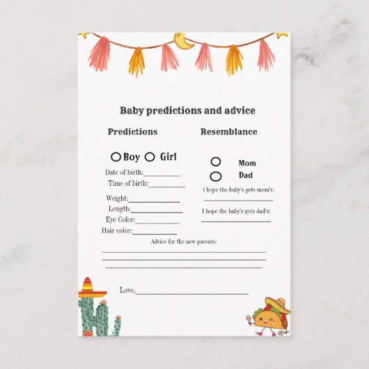 メキシコのタコベビー予測ベビーシャワーゲームカード アドバイスカード (正面)