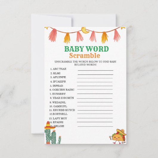 メキシコのタコ語スクランブル赤ちゃんシャワーゲームカード 招待状 (正面)