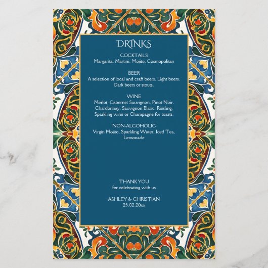 メキシコのタラベラティール（緑がかった色）エレガントな結婚式メニュー (裏面)