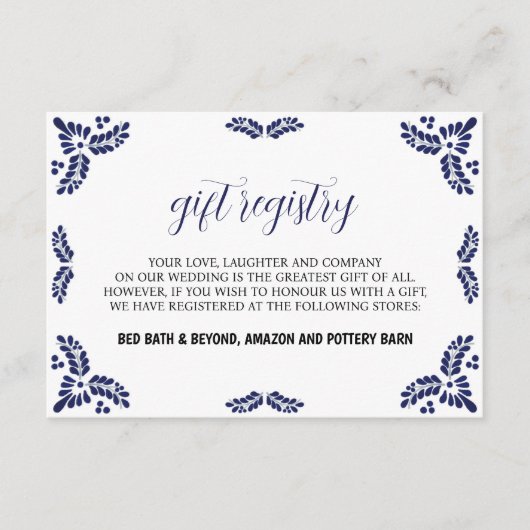 メキシコのタラベラブルーフローラミニマル結婚リスト エンクロージャーカード (正面)