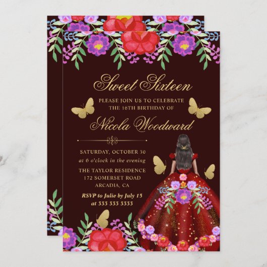メキシコのダークスキンウーマンフローラドレス甘い16 招待状 (正面/裏面)