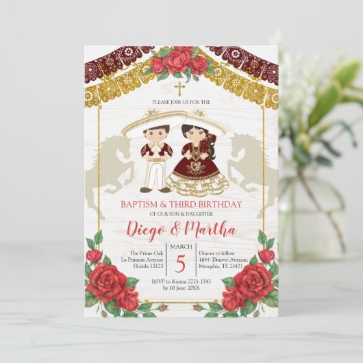 メキシコのツイン・ブルゴーニュ・レッド・バプティスマと誕生日 招待状 (スタンド正面)