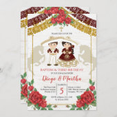 メキシコのツイン・ブルゴーニュ・レッド・バプティスマと誕生日 招待状 (正面/裏面)