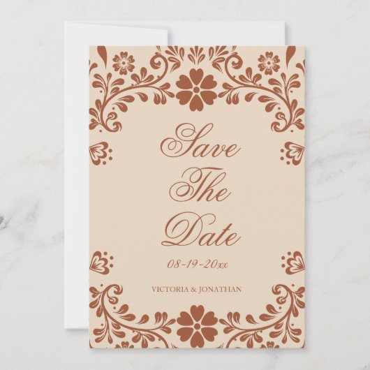 メキシコのテラコッタベージュの結婚式 セーブザデート (正面)
