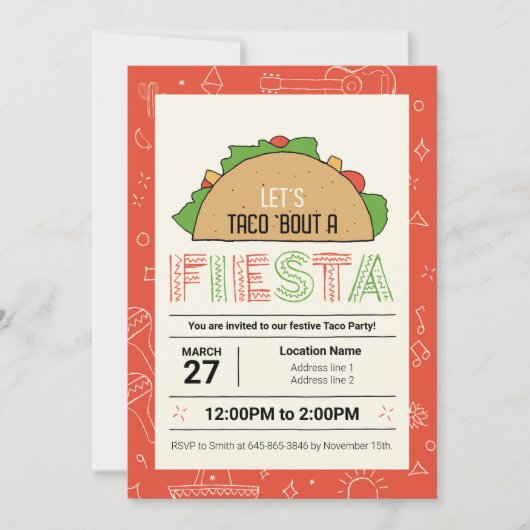 メキシコのドゥードルズタコクリップアートタコフィエスタパーティー 招待状 (正面)