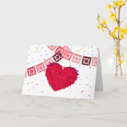 メキシコのハートピナタ&タコヴァレンティネスの日 カード (黄色い花)