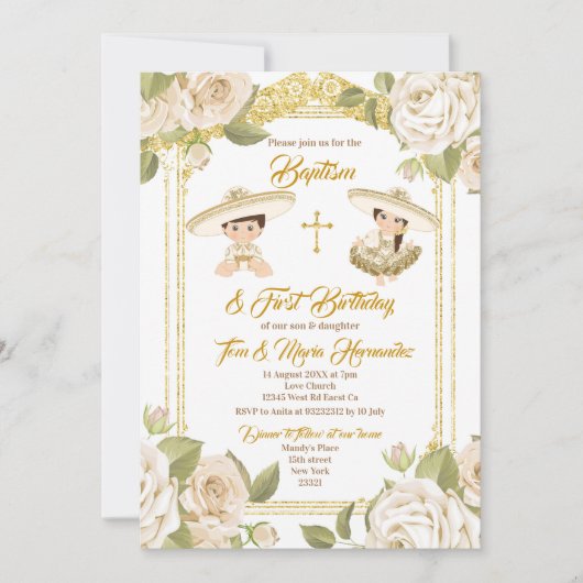 メキシコのバプテスマ白フローラ双子と女の子 招待状 (正面)
