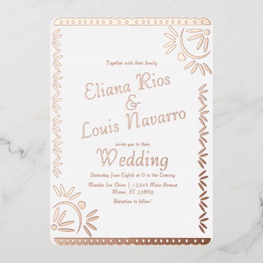 メキシコのパペル結婚ピカド金ゴールドの押し箔Inv 箔招待状 (正面)