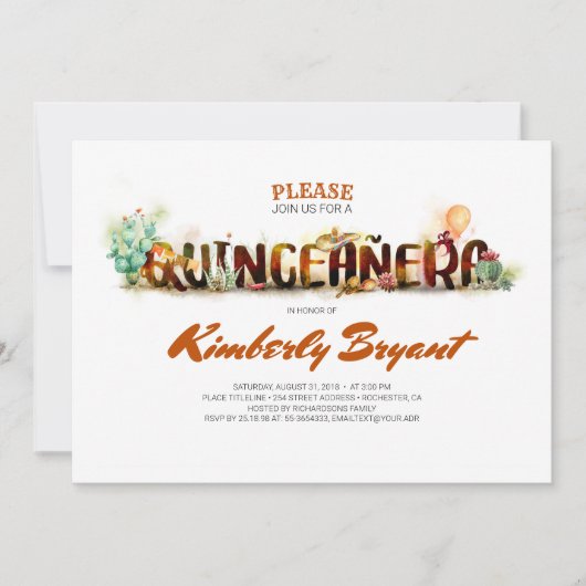 メキシコのパーティーフィエスタ – キンセアニラ15歳の誕生日 招待状 (正面)