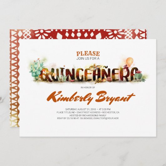 メキシコのパーティーフィエスタ – キンセアニラ15歳の誕生日 招待状 (正面/裏面)