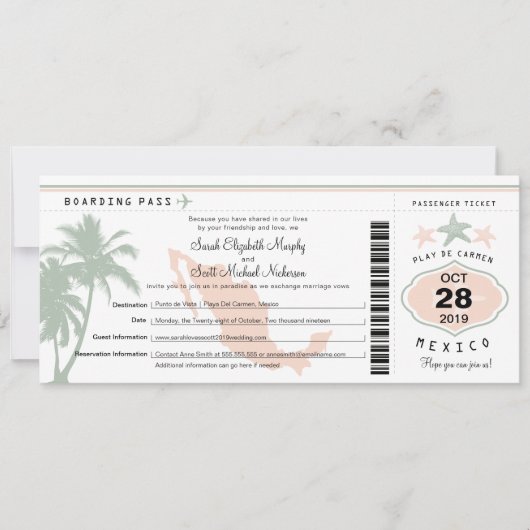 メキシコのパームツリーヒトデの搭乗券結婚の入り 招待状 (正面)