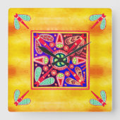 メキシコのヒューコール黄金と紫のアートパターン スクエア壁時計 (正面)